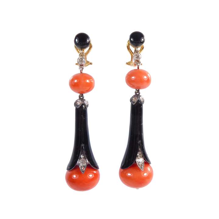 Pair of Art Deco corallium rubrum, diamond and black enamel tapering pendant earrings